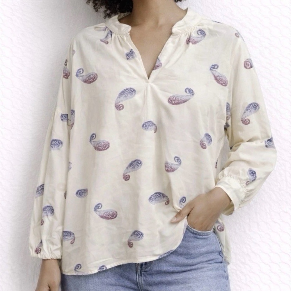 J. Jill Cream Paisley Print Split V-Neck Tunic Blouse Balloon Sleeve Size M